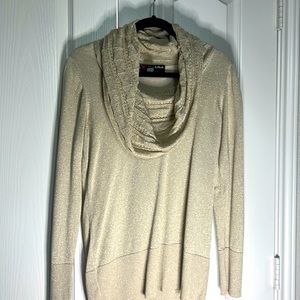 Delicate cowl neck turtleneck, gold sweater with shimmery thread throughout.